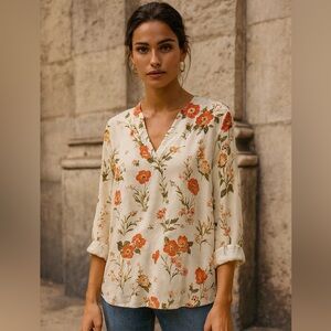 Rose & Olive Cream Floral Blouse Romantic Boho Cottagecore Vibes Size L